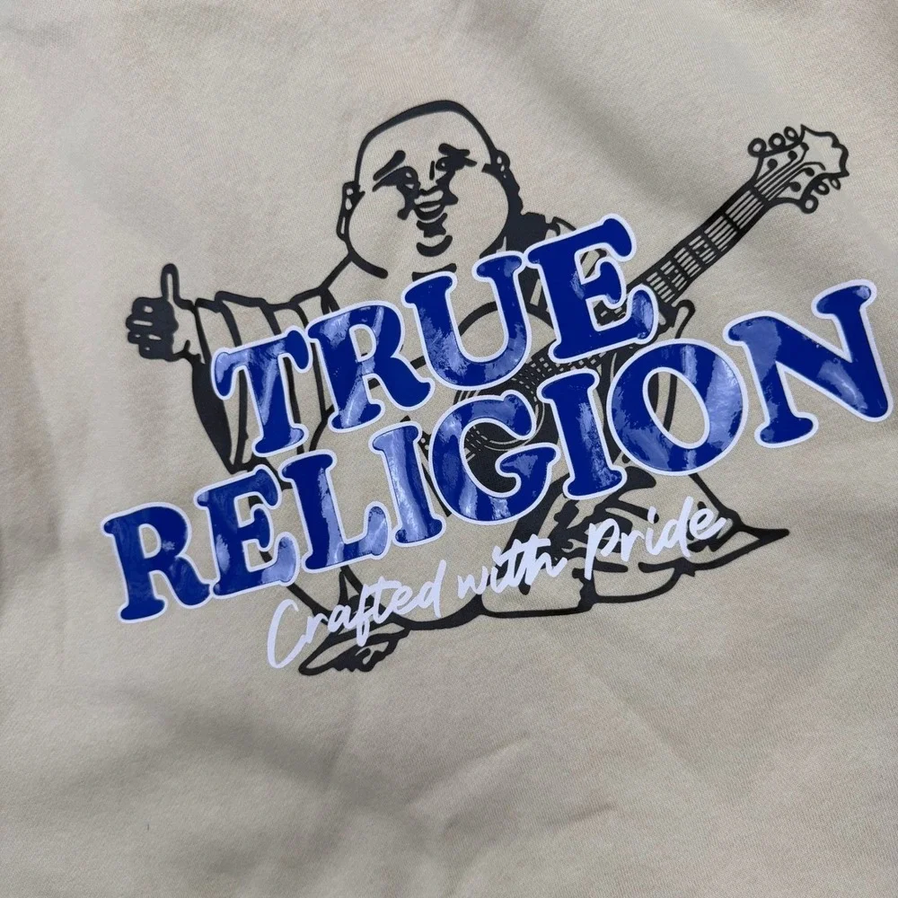 True Religion Mens Contrast TR Zip Hoodie Fog Beige Blue Buddha Logo 701400 XL